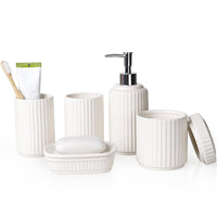 1 x RAW Customer Returns NOVAJOY Bathroom Set Ceramic 5 Pieces, Bathroom Organizer with Soap Dispenser, Soap Dish, Toothbrush Holder, Cotton Swab Canister, Beige White Matt High Quality Bathroom Decoration Set - RRP €40.99