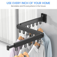 1 x RAW Customer Returns Retractable Clothes Rack, Foldable Wall Mounted Clothes Rack with Towel Holder, Coat Hooks, Strong Load-Bearing Capacity for Balcony, Bedroom, Three Fold Section a  - RRP €36.29