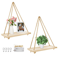 1 x RAW Customer Returns Brmeday Set of 2 Rope Shelves, Macrame Wood Wall Shelf, Handmade, with 3M LED Light Chain, Bohemian Wall Decoration for Living Room, Bedroom, Bathroom - RRP €23.04