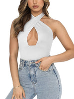 1 x RAW Customer Returns REORIA Women s Sexy Criss Cross Halterneck Sleeveless Party Club Night Going Out Thong Bodysuits Tops White S - RRP €15.35