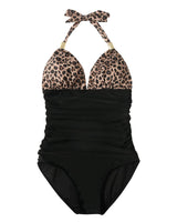 1 x RAW Customer Returns RXRXCOCO Swimsuit Women Ruffles Tummy Control V Neck Push Up Shape Swimwear Halter One Piece Backless Swimsuit Leopard Black L - RRP €38.3