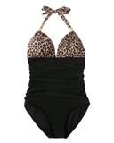 1 x RAW Customer Returns RXRXCOCO Swimsuit Women Ruffles Tummy Control V Neck Push Up Shape Swimwear Halter One Piece Backless Swimsuit Leopard Black XXL - RRP €41.99