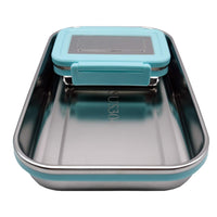 1 x RAW Customer Returns Portable Stainless Steel Lunch Box, Bento Box, Bread Box, Sauce Tin, Flat Set of 2 910ml and 192ml , Food Grade 304 Stainless Steel - Blue - RRP €15.02