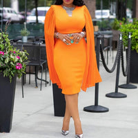 1 x RAW Customer Returns VERWIN Long Sleeve Round Neck Patchwork Plain Women Bodycon Dress Flare Sleeve Midi Dress, Orange, Medium - RRP €40.97