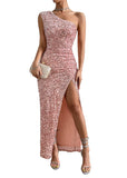 1 x RAW Customer Returns Justchicc Women Sexy One Shoulder Sleeveless Sparkling Sequin Party Dress Maxi Dress Pink Medium - RRP €60.49