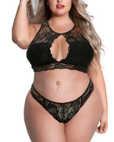 1 x Brand New EVELUST Women s Sexy Plus Size Lingerie Set 2 Pieces High Neck Keyhole Bralette and Cut Back Panty Eyelashes Floral Lace Underwear Black, L, 918w  - RRP €27.6