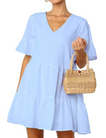 1 x RAW Customer Returns FANCYINN Summer Dress Women Short Tunic Dress V-Neck Flounce Loose Swing Mini Dresses Light Blue, XL  - RRP €31.99