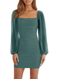 1 x RAW Customer Returns Wenrine Women s Mesh Long Sleeve Square Neck Ruffle Party Club Cocktail Bodycon Mini Dress Green, L  - RRP €40.33