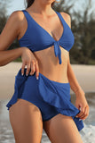 1 x RAW Customer Returns SHEKINI Women s Two-Piece Swimsuit V Neck Knot Bikini Top Backless Bikini Set with High Waist Sports Skirt Swimming Skirt Adjustable M, Blue  - RRP €31.93