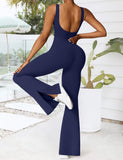 1 x RAW Customer Returns Vertvie Flared Jumpsuit Women s Tight Long Sleeveless Sports Bodysuit with Pads Yoga One-Piece with Flare Romper Bootcut Overall Workout Navy Blue, S  - RRP €30.22