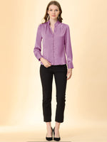 1 x Brand New Allegra K Women s Long Sleeve Ruffle V Neck Buttons Satin Shirt Blouse Purple M - RRP €27.55