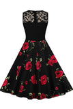 1 x RAW Customer Returns AXOE Women s 50s Rockabilly Dress Sleeveless Elegant Black with Red Rose Flower Pattern F1B, Size 48, 3XL - RRP €35.0