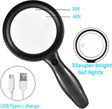 1 x RAW Customer Returns Magnifying glass with light, 60x 33 LED handheld magnifying glass 30XL reading magnifying glass with light, USB charging magnifying glass 3 modes reading magnifying glass for seniors, children, jewelers, hobbies - RRP €22.73