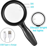 1 x RAW Customer Returns Magnifying glass with light, 60x 33 LED handheld magnifying glass 30XL reading magnifying glass with light, USB charging magnifying glass 3 modes reading magnifying glass for seniors, children, jewelers, hobbies - RRP €24.99