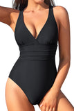 1 x RAW Customer Returns SHEKINI Women s One Piece Swimsuit V Neck Ruched Swimwear Cross Backless Figure Shaping Beachwear Swimsuit M, Black  - RRP €34.95