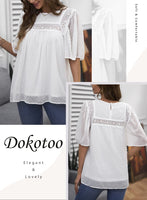 1 x RAW Customer Returns Dokotoo Women s Blouse Summer Short Sleeve Tops Lace Hollow Out T-Shirt Elegant Round Neck Swiss Dot Chiffon Blouses Shirts Tops, White, M - RRP €33.26