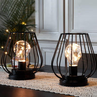 1 x RAW Customer Returns TRIROCKS Set of 2 Battery Operated Lamps Made of Metal 17 cm High Living Room Mini Cage Shape Wireless Table Lamp Battery Lanterns with Warmer Fairy Lights Light Bulb for Indoors Outdoors Black  - RRP €35.99