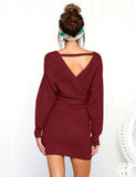 1 x RAW Customer Returns Vancavoo knitted dress women s sweater dress V-neck elegant long-sleeved sweater winter dress knitted sweater dress bodycon mini dress sexy backless tunic dress with belt for autumn winter, red wine L - RRP €32.87