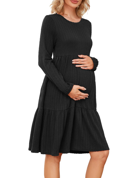 1 x Brand New MAVIS LAVEN Women s Maternity Dress Rib Knit Crew Neck Long Sleeve Casual Maternity Dresses for Photo Shoot Baby Shower, Black L - RRP €37.74