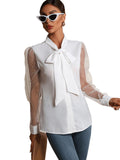 1 x RAW Customer Returns GORGLITTER women s blouses elegant tunic with mesh sleeves chiffon blouse shirt long sleeve top blouse with bow white S - RRP €31.99