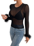 1 x RAW Customer Returns GORGLITTER women s transparent top, crew neck, mesh long-sleeved shirt, stretch tops with faux fur, black L - RRP €20.16