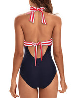 1 x RAW Customer Returns VILOREE Women s Swimsuit One-Piece Swimwear Swimsuit Halterneck V-Neck Backless Push Up Figure-Shaping Tummy Control Red Stripes L - RRP €33.96