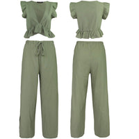 1 x RAW Customer Returns FANCYINN Jumpsuit Women s Two-Piece 2 Piece Crop Top Sexy V-Neck Pants with Side Slit Drawstring Summer Beach Holiday Casual Outfits Olive Green S - RRP €29.99