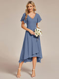 1 x RAW Customer Returns Ever-Pretty Bridesmaid Dress Short Sleeves A-Line Chiffon V-Neck Empire Style Chiffon Elegant Dress Women Ceremony Denim Blue 46 - RRP €71.99