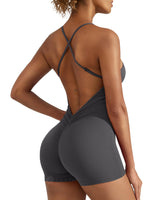 1 x RAW Customer Returns ZAAYO Women s Workout Jumpsuits Shorts Sexy Backless Gym Bodycon Scrunch Butt Yoga Bodycon One Piece Full Body Suit Stretch Elegant Jumpsuits Dark Gray Small - RRP €35.28