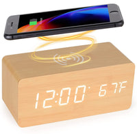 1 x RAW Customer Returns LySuyeo Wooden Digital Alarm Clock with Wireless Charging Station, 5W Fast Wireless Charger for iPhone Samsung Galaxy, Digital Alarm Clock Without Ticking, Alarm Clock for Bedroom Home Office Bamboo  - RRP €23.99