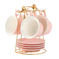 1 x RAW Customer Returns DUJUST Tea Cups and Saucers Set of 4 8 oz , Candy Color with Gold Trim, Petal Edge Coffee Cups with Metal Stand, Simple Style Porcelain Tea Party Set - Pink - RRP €43.24