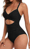 1 x RAW Customer Returns jakloz Swimsuit Women V Neck Lace Up Swimwear Swimsuit Tummy Control Cut Out One Piece Beachwear Swimsuit Black, L  - RRP €34.99