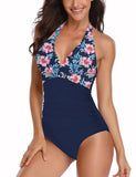 1 x RAW Customer Returns SEBOWEL Women s Ruffled V Neck Monokinis Tummy Control One-Piece Swimwear Swimsuit Blue Flowers L - RRP €29.03