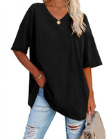 1 x RAW Customer Returns Ebifin Women s Oversize T Shirt with V-Neck Short Sleeve Casual Loose Basic Summer Tee Shirts Blouse.Black.M - RRP €23.36