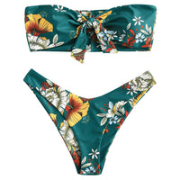 1 x RAW Customer Returns ZAFUL Women s Bandeau Off Shoulder Bikini Set Sexy Beachwear with Floral Print Knot Green, M  - RRP €36.99