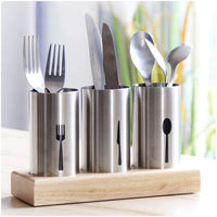 1 x RAW Customer Returns Cutlery holder cutlery basket made of stainless steel cutlery container with wooden base, cutlery stand for forks knives spoons, cutlery holder for Gillen, home or restaurants 3 holder cups  - RRP €29.84