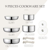 1 x RAW Customer Returns CAROTE pot sets pan set with removable handles 9-piece, stainless steel cookware set, induction pots set, cooking pot set with glass lid, ceramic non-stick coating, stackable, oven-proof, dishwasher-safe - RRP €99.99