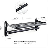 1 x RAW Customer Returns yozhch Towel holder black matt without drilling, self-adhesive bath towel holder 90 foldable towel rail with shelf, wall-mounted double towel holder for bathroom, aluminum 38 cm  - RRP €29.99