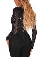 1 x RAW Customer Returns SEBOWEL Women s Sexy Sheer Mesh Bodysuit Rhinestone See-through Long Sleeve Leotard Jumpsuit Tops Bodycon Blouse T Shirt S, Black  - RRP €28.22