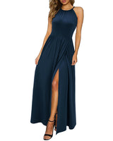 1 x RAW Customer Returns KILIG Maxi Dress Women Summer Halterneck Summer Dress Elegant Long Dress Wedding Guest Party Dress Slit Casual Dress Navy, S  - RRP €34.99