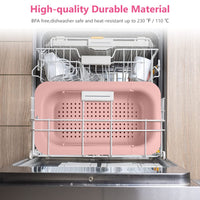 1 x RAW Customer Returns AUAUY 2-in-1 Adjustable Kitchen Storage Rack Cleaning Basket, BPA Free Double Layer Colander Bowl Strainer, 34-48CM Colander Strainer Extendable, Kitchen Strainer Basket over the Sink with 2 Towels Pink  - RRP €10.99