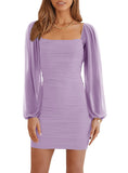 1 x RAW Customer Returns Wenrine Women s Mesh Long Sleeve Square Neck Ruffle Party Club Cocktail Bodycon Mini Dress Light Purple, S  - RRP €40.33