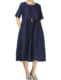 1 x RAW Customer Returns FTCayanz Women s Linen Summer Dresses Round Neck Short Sleeve Midi Dress with Double Pockets Navy XL - RRP €30.24