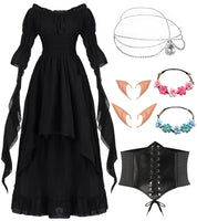 1 x RAW Customer Returns Victorian Gothic Dresses Women s Medieval Clothing Renaissance Costume Women Evening Dress Vintage Black Dresses Carnival Halloween Outfit with Elf Ears Hair Accessories Socks Corset VL028S - RRP €30.24