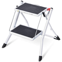 1 x RAW Customer Returns KINGRACK Folding Step, 2 Step Step Ladder, Folding Ladder with Non-Slip Rubber Mat, Step Stool with Release Button, Lightweight Steel, Holds up to 150kg, White - RRP €33.26