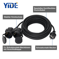 1 x RAW Customer Returns YIDE extension cable 25m with 2 Schuko sockets outdoor, double extension for outdoor use IP44, 2 protective contact sockets, rubber power cable outside 3500 W, 2-way distributor with protective cap - RRP €52.99