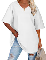 1 x RAW Customer Returns TOMEEK Women s Short Sleeve T-Shirt V-Neck Plus Size T-Shirt Oversize Women s Summer T-Shirt Cotton Basic Essentials T-Shirt, White, Size L - RRP €16.04