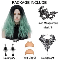 5 x Brand New Halloween Wig Green for Women Long Curly Wigs with Gothic Necklace Carnival Costume Synthetic Hair Ombre Wig V021H - RRP €90.2