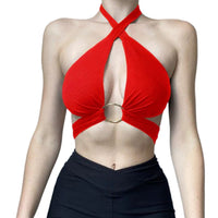 1 x RAW Customer Returns HTTOAR Women s Long Sleeve Hollow Out Crop Top Tank Top Various Wearing Ways with Metal Ring Red S - RRP €18.99