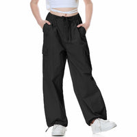 1 x RAW Customer Returns Rolanko Girls Baggy Paratrooper Pants, Vintage Y2K Joggers with Adjustable Elastic Waist for Kids, Black, Size 160 - RRP €33.99